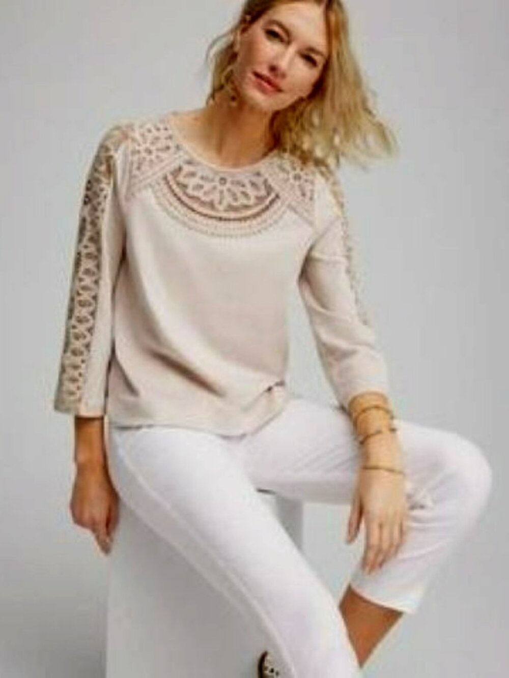 Chico's Cream Crochet Yoke and Sleeve Top